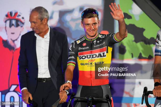 Team Soudal Quick-Step Belgian rider Remco Evenepoel waves during the official teams presentation of the 78th edition of 'La Vuelta' cycling tour of...