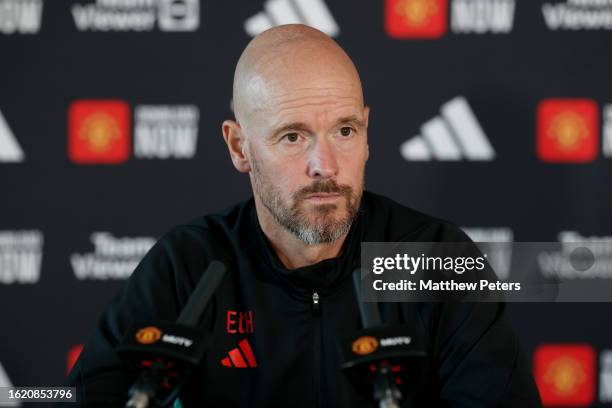 Erik ten Hag, Manager of Manchester United, speaks during a press conference at Carrington Training Ground on August 17, 2023 in Manchester, England.