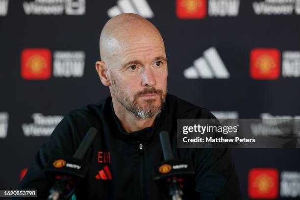 Erik ten Hag, Manager of Manchester United, speaks during a press conference at Carrington Training Ground on August 17, 2023 in Manchester, England.