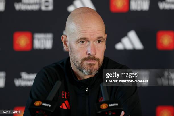 Erik ten Hag, Manager of Manchester United, speaks during a press conference at Carrington Training Ground on August 17, 2023 in Manchester, England.
