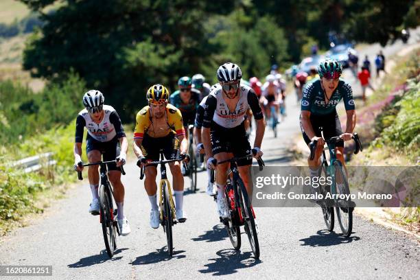 Jay Vine of Australia and UAE Team Emirates, Primoz Roglic of Slovenia and Team Jumbo-Visma and Adam Yates of Great Britain and UAE Team Emirates...