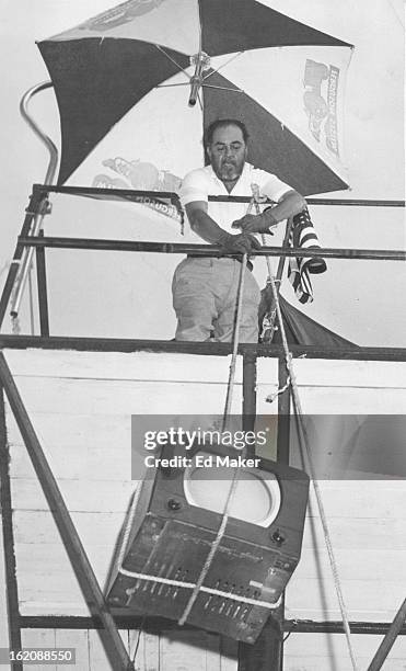 Eloy Maes a disabled war auto sales lot, 300 Broadway, since May 21, hauls to his perch a television set to help him spend his hours. The TV set was...