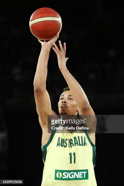 Dante Exum of Australia shoots during the match between the Australian Boomers and South Sudan at Rod Laver Arena on August 17, 2023 in Melbourne,...