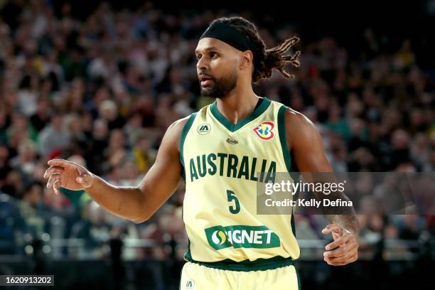 Patty Mills of Australia reacts during the match between the Australian Boomers and South Sudan at Rod Laver Arena on August 17, 2023 in Melbourne,...
