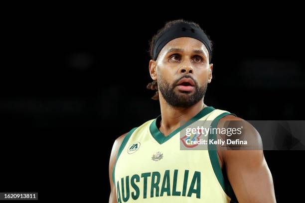 Patty Mills of Australia looks on during the match between the Australian Boomers and South Sudan at Rod Laver Arena on August 17, 2023 in Melbourne,...