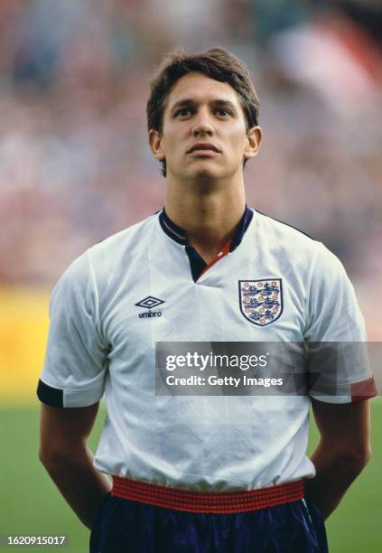 England striker Gary Lineker pictured during the national anthem prior to an International match against Denmark in 1989.