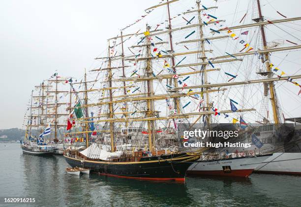 The tall ships fleet alongside the docks on August 17, 2023 in Falmouth, England. A Parade of Sail planned for Friday August 18 was cancelled on...