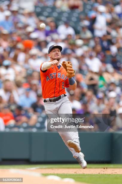 Third baseman Alex Bregman of the Houston Astros throws to first base after fielding a ground ball for an out in the second inning against the...