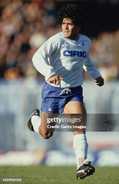 Napoli player Diego Maradona in action during a Serie A match between Sampdoria and Napoli circa 1984 in Genoa, Italy.
