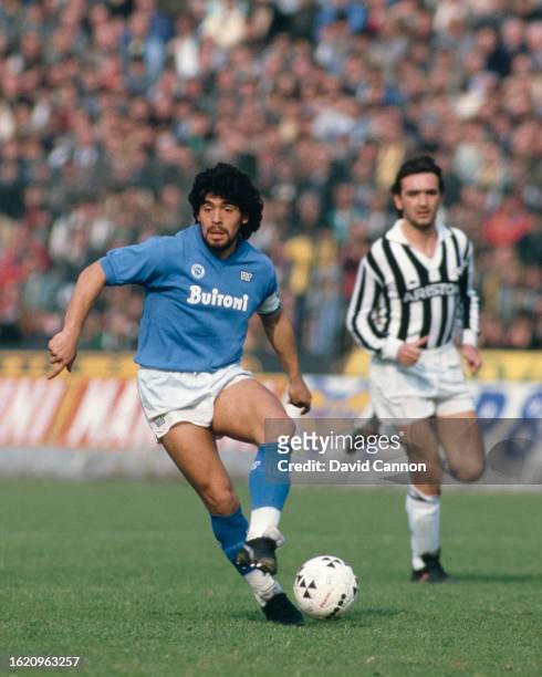 Napoli captain Diego Maradona in action during the Serie A match between the sides on March 9, 1986 in Turin, Italy.