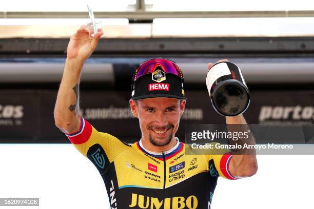 Primoz Roglic of Slovenia and Team Jumbo-Visma celebrates at podium as stage winner during the 45th Vuelta a Burgos 2023, Stage 3 a 183km stage from...