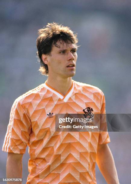 Holland striker Marco Van Basten looks on during the 1988 European Championship match between England and Netherlands at the Rheinstadion in...