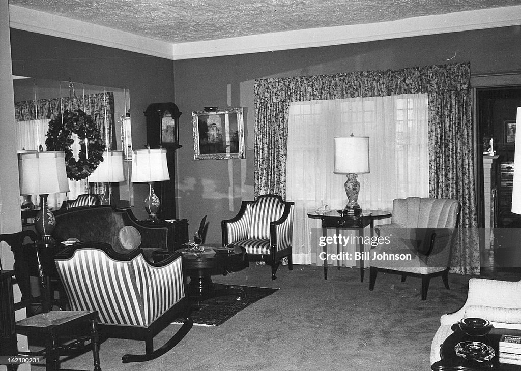 NOV 21 1962, NOV 24 1962; Shades Of Green Make Shooting Background; Victorian loveseat and striped c