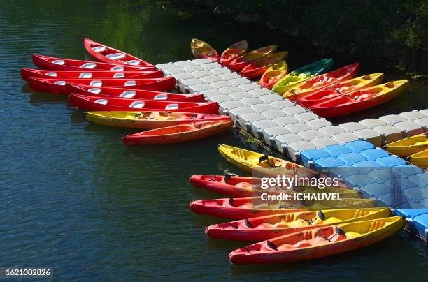 colorful canoes south of france - floating moored platform stock pictures, royalty-free photos & images