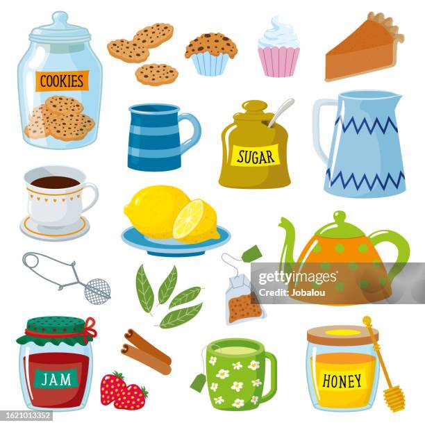 stockillustraties, clipart, cartoons en iconen met tea breakfast party with jars, cookies and other desserts - tea can