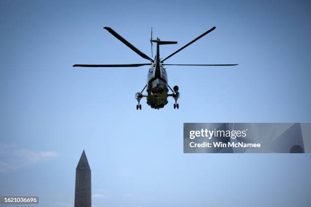 Marine One, carrying U.S. President Joe Biden, departs the White House on August 17, 2023 in Washington, DC. Biden is scheduled to travel to...