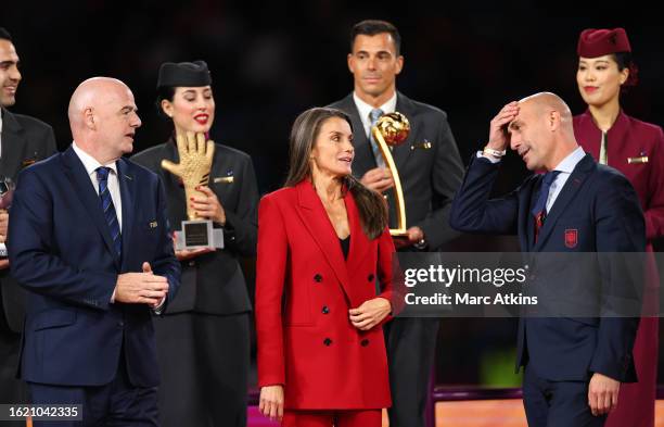 President, Gianni Infantino, Queen Letizia of Spain and Luis Rubiales,President of Spain's football federation look on during the presentation...