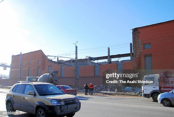 The wall of a zincic factory is blown by the shock wave of the meteor explosion on February 16, 2013 in Chelyabinsk, Russia. Local government...