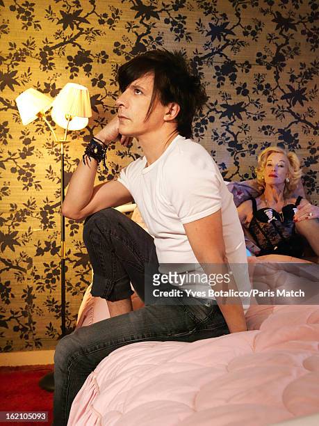 Rock group Indochine with lead singer Nicola Sirki are photographed for Paris Match on January 28, 2013 in Paris, France.