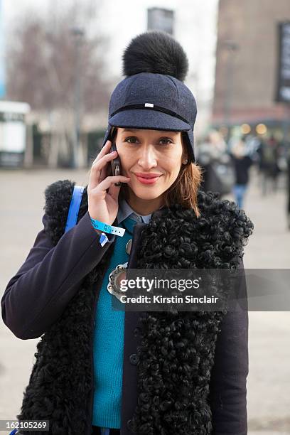 London, EnglandTiany Kiriloff wearing Joshep coat, Cos jumper, high hat and a Marni necklace on day 4 of London Womens Fashion Week Autumn/Winter...
