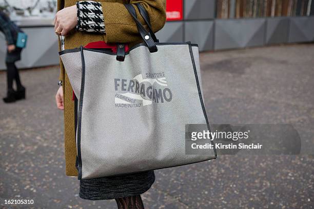 London, EnglandUrsula Geisselmnn wearing Salvatore Ferragamo bag on day 4 of London Womens Fashion Week Autumn/Winter 2013 on February 16, 2013 in...