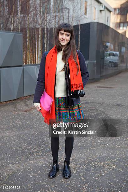 London, EnglandFlorence Arnold WGSN talent forcaster wearing Marni H&M jacket, Cos top, vintage skirt, Gap bag and Russell & Bromley shoes on day 4...