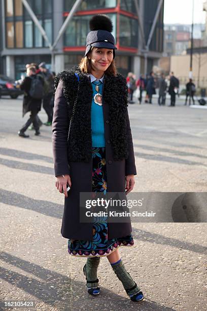 London, EnglandTiany Kiriloff wearing Joshep coat, Cos jumper, high hat, Marni necklace, vintage pucci, Rupert Sanderson shoes and a Chanel bag on...