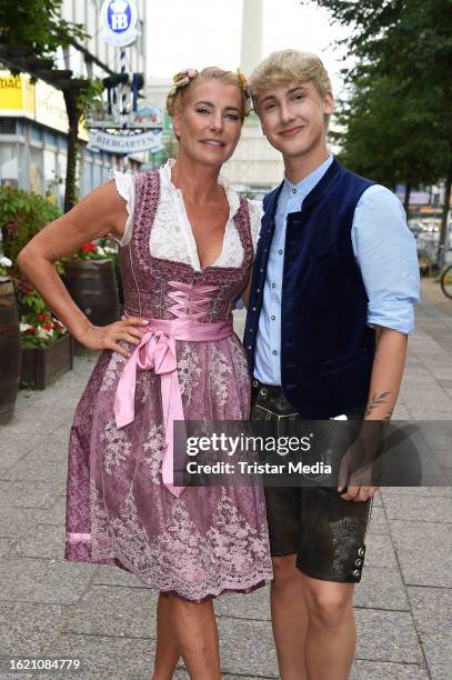Giulia Siegel and Leon Content during the Angermaier Trachtennacht at Hofbräu Wirtshaus Berlin on August 24, 2023 in Berlin, Germany.