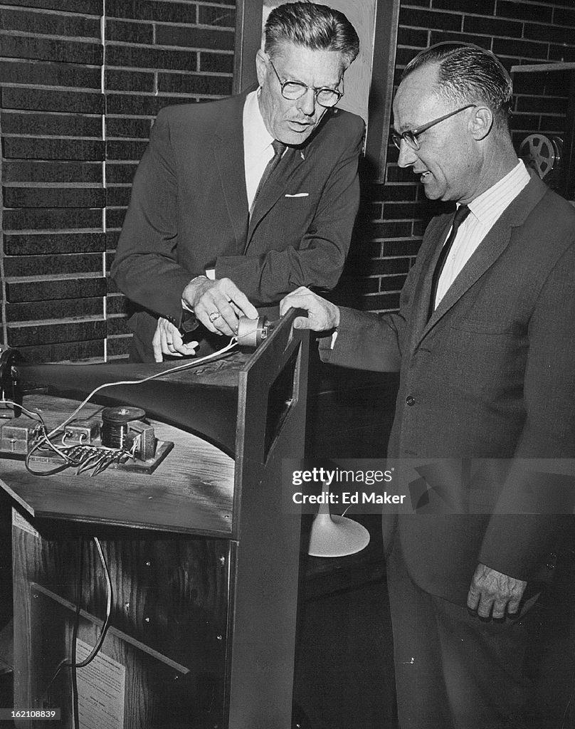 MAR 21 1967, MAR 26 1967; Paul Klipsch, left, describes the design of the tweeter on his Klipschorn
