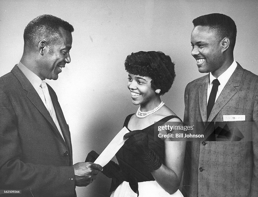 JUN 1960, JUL 5 1960, JUL 6 1960; Denver Girl Wins Alumni Award; Ted Daviss (left), president of the