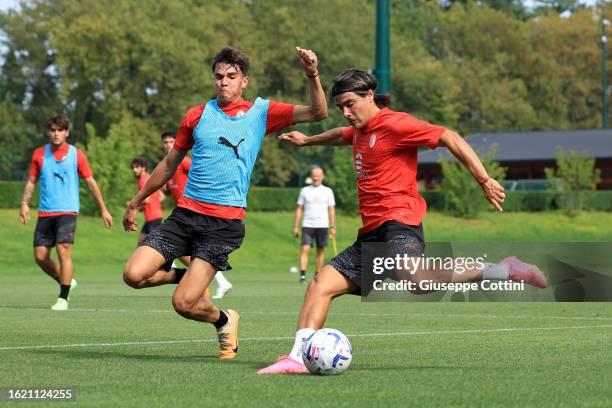 Luka Romero of AC Milan in action during an AC Milan training session at Milanello on August 17, 2023 in Cairate, Italy.