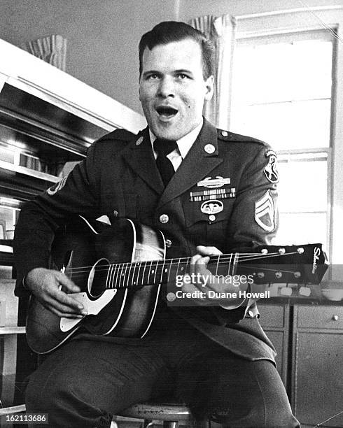 Sgt. Barry Allen Sadler soulfully sings "Garret Trooper," one of his latest hits about the Viet Nam war. He appeared in Ward 502 at Fitzsimons...