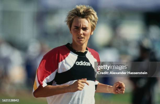 German athlete Heike Drechsler, wearing an adidas t-shirt, at the 1995 IAAF World Athletics Championships, held at the Ullevi Stadium, Gothenburg,...