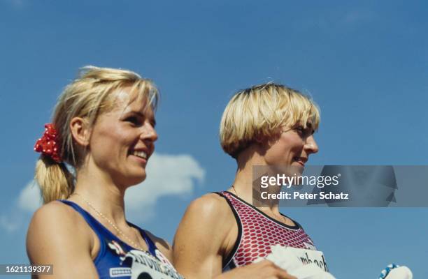 German athlete Susen Tiedtke-Greene and German athlete Heike Drechsler during the women's long jump event at an international athletics meeting in...