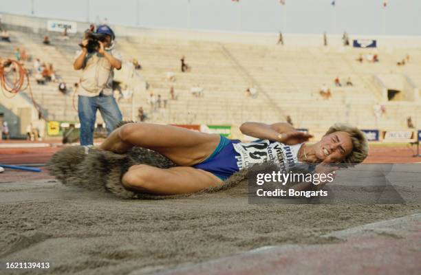 German athlete Heike Drechsler competes in the women's long jump event of the 1994 Goodwill Games, held at the Petrovsky Stadium in Saint Petersburg,...