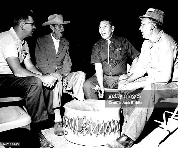 Indian Tribes in Powwow; Left to right, Charlie Eberhart, Willie Halsey, Richard Tallbull and Richmond Fill-more practice their chants during the...
