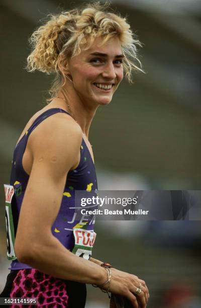 German athlete Heike Drechsler during the women's long jump event of the 1992 German Athletics Championships, held at the Olympiastadion in Munich,...