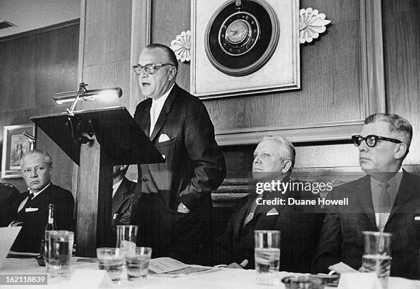 Rickenbaugh, Ralph; RALPH RICKENBAUGH, ADDRESSING BETTER BUSINESS BUREAU MEETING, RECITES ACCOMPLISHMENTS; At left is Gov. Steve McNichols and, at...