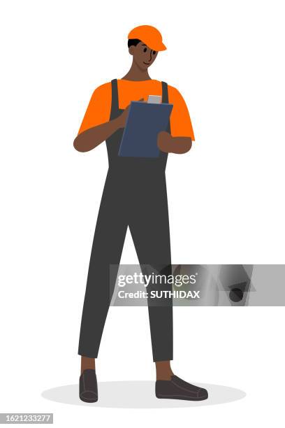 male staff character checking parcel stock - warehouse worker stock illustrations