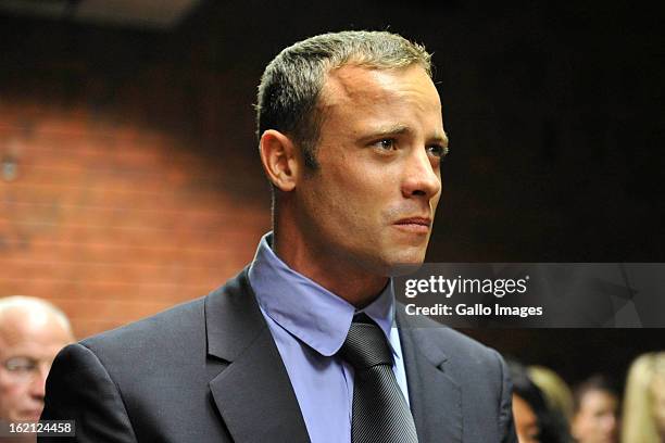 Oscar Pistorius in court during his bail application on February 19, 2013 in the Pretoria Magistrate court in Pretoria, South Africa. Oscar...