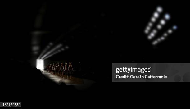 Models walk the runway during the Emilio de la Morena show as part of London Fashion Week Fall/Winter 2013/14 on February 19, 2013 in London, England.