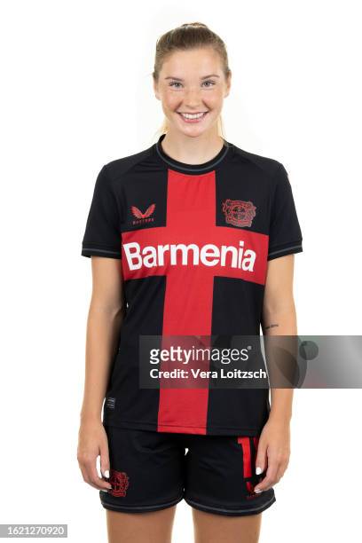 Karolina Vilhjamlsdottir poses during the team presentation of Bayer 04 Leverkusen Women's at Bayarena on August 16, 2023 in Leverkusen, Germany.