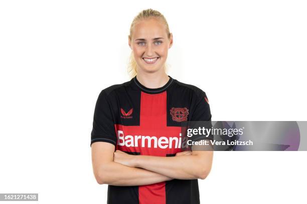 Emilie Bragstad poses during the team presentation of Bayer 04 Leverkusen Women's at Bayarena on August 16, 2023 in Leverkusen, Germany.