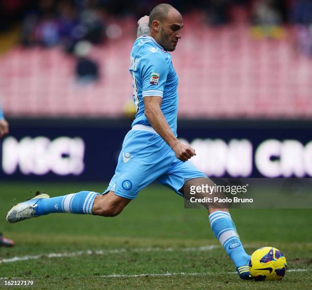 Paolo Cannavaro of SSC Napoli kicks the ball during the Serie A match between SSC Napoli and UC Sampdoria at Stadio San Paolo on February 17, 2013 in...