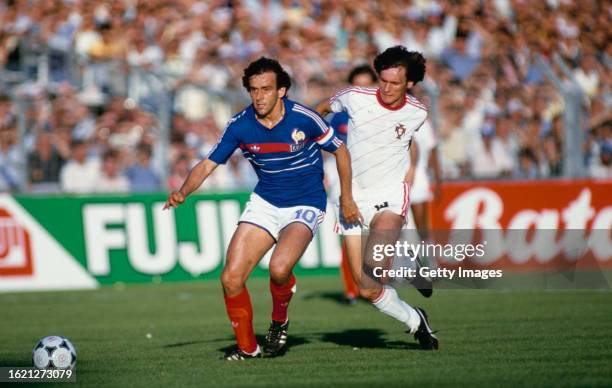 France captain Michel Platini in action during the Euro Champs semi final match between France and Portugal at Stade Velodrome on June 23rd, 1984 in...