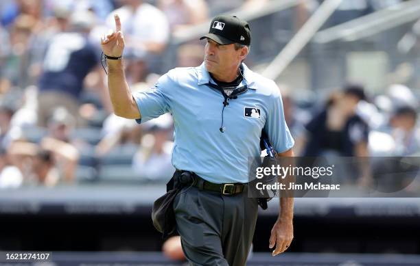 Home plate umpire Angel Hernandez works a game between the New York Yankees and the Houston Astros at Yankee Stadium on August 06, 2023 in the Bronx...