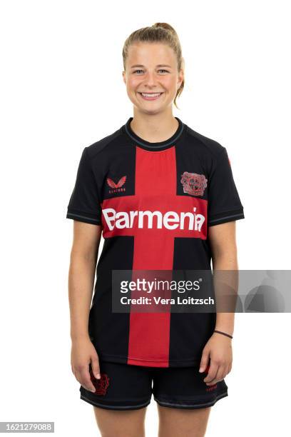Kristin Koegel poses during the team presentation of Bayer 04 Leverkusen Women's at Bayarena on August 16, 2023 in Leverkusen, Germany.