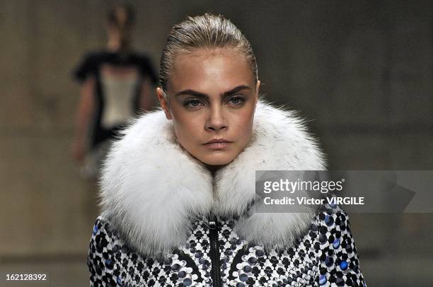 Cara Delevingne walks the runway at the Peter Pilotto Ready to Wear Fall/Winter 2013-2014 show during London Fashion Week Fall/Winter 2013/14 at...