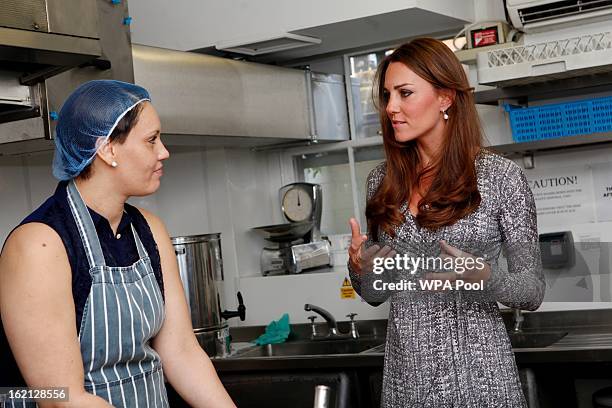 Catherine, Duchess of Cambridge meets resident Sabrina as she visits the kitchens at Hope House residential centre, run by Action on Addiction for...