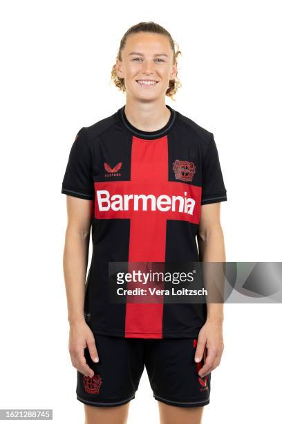Synne Skinnes Hansen poses during the team presentation of Bayer 04 Leverkusen Women's at Bayarena on August 16, 2023 in Leverkusen, Germany.